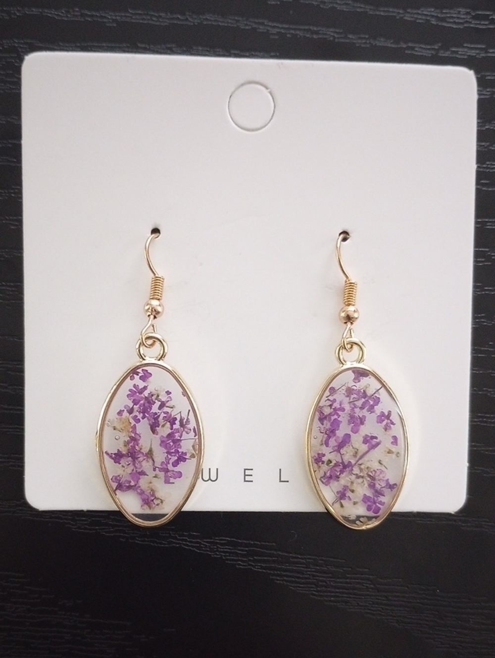 Golden Oval Floral Dangle Earrings with Purple Flowers Inlay